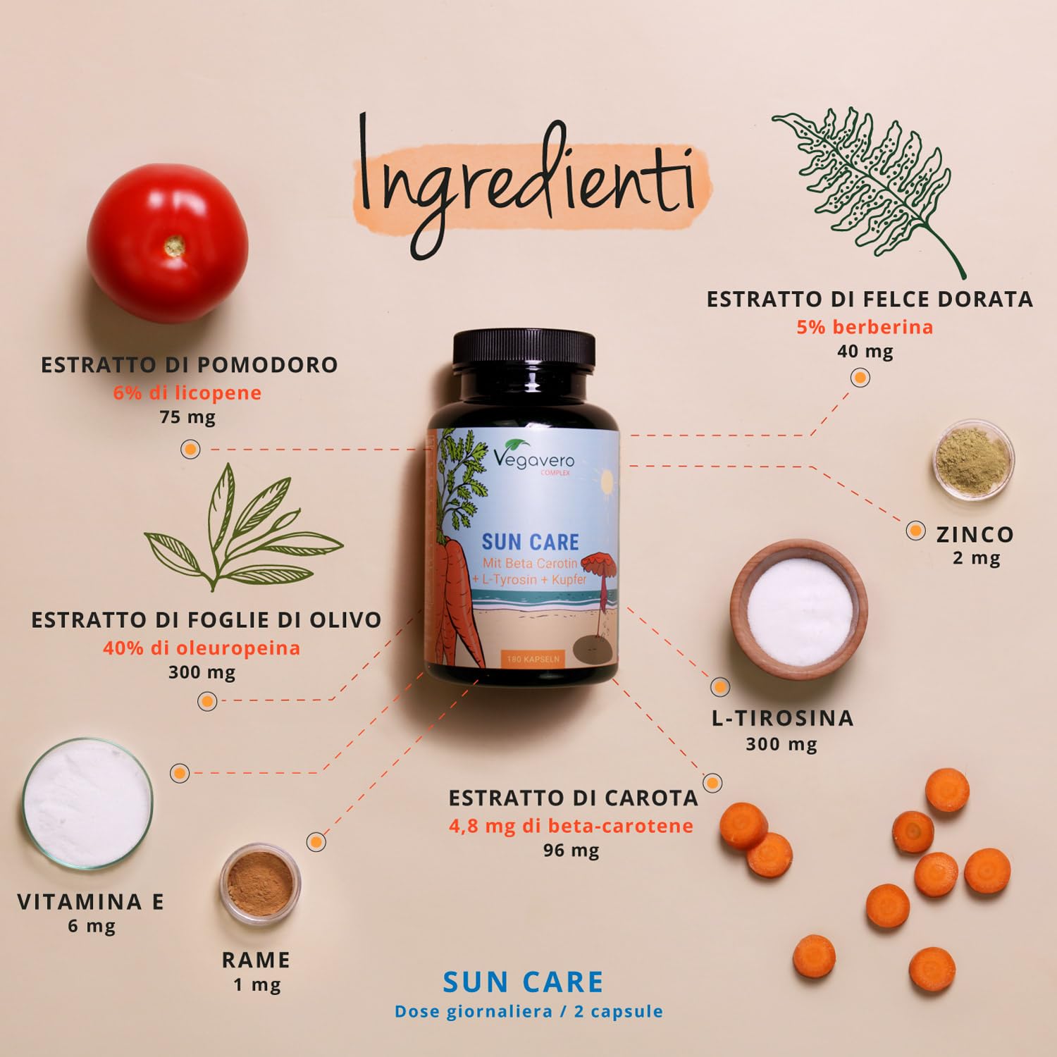 Integratore ABBRONZATURA Vegavero® | 180 capsule | Attivatore Melanina* | con Betacarotene, Vitamina E (Tocoferolo), L-Tirosina, Oleuropeina, Rame e Zinco | Vegan
