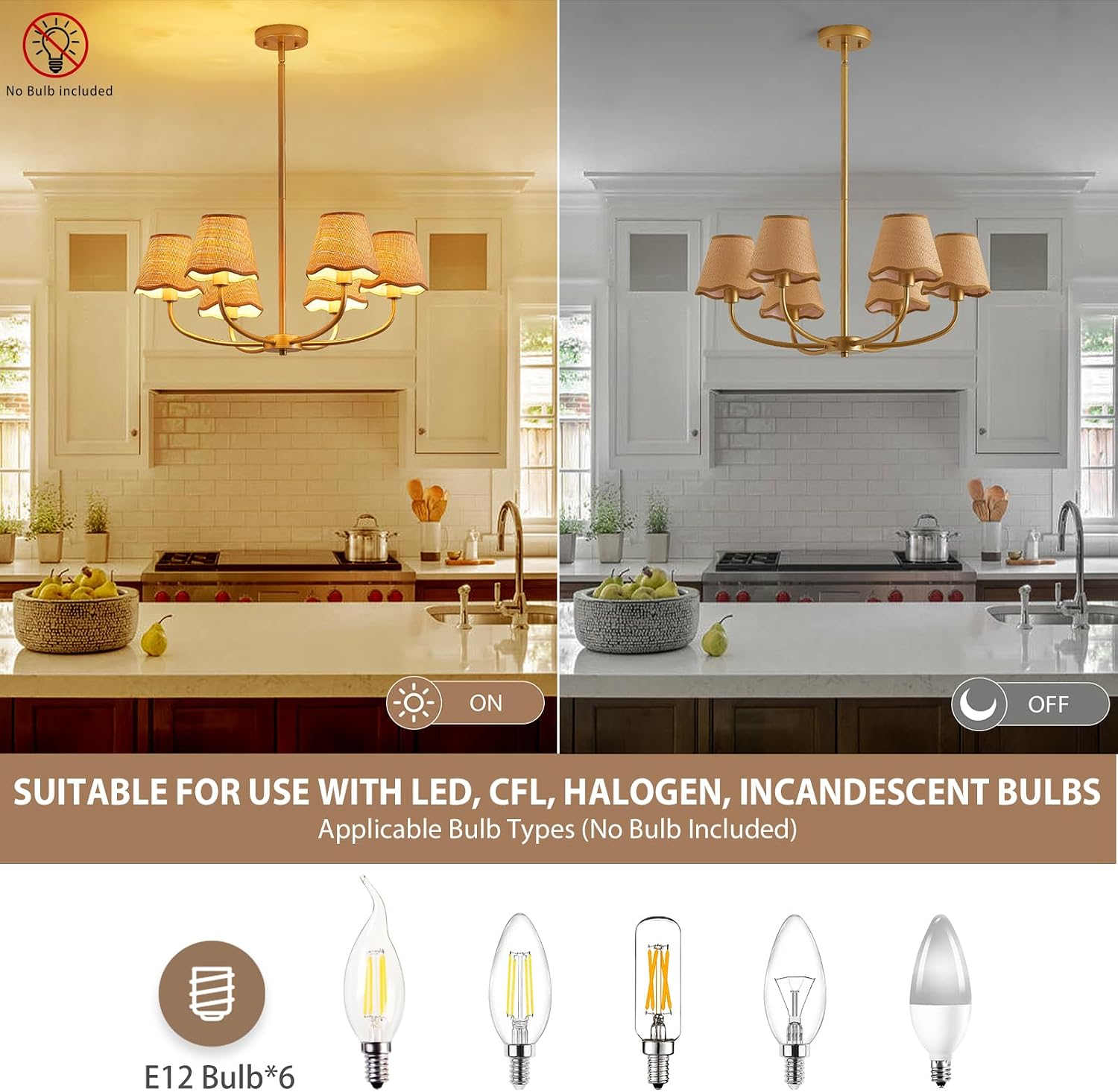 Boho Rattan Chandelier with Fabric Shade 24.4 Inch Gold Chandelier 6-Light Dining Room Light Fixture Modern Chandelier Lighting for Kitchen Island Living Room Entryway, Ceiling Hanging Pendant