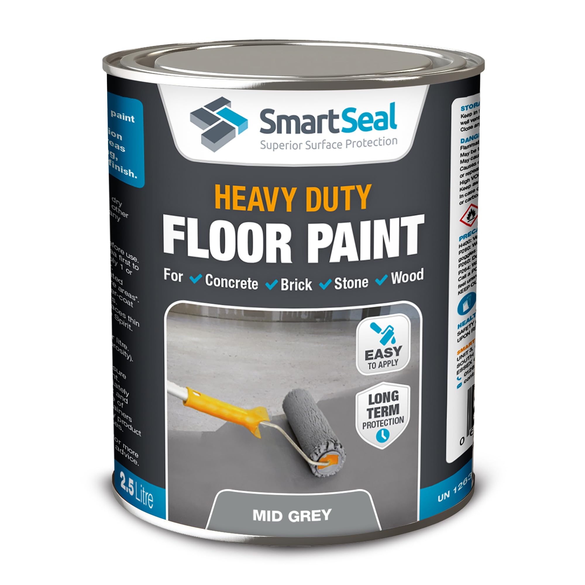 SmartSeal Heavy Duty Floor Paint - Mid Grey, 2.5 Litre - Hard-Wearing Garage Floor Paint with Anti-Slip Mid-Sheen Finish – also Ideal for Decking, Warehouse flooring, Brick, Concrete, Stone & Wood