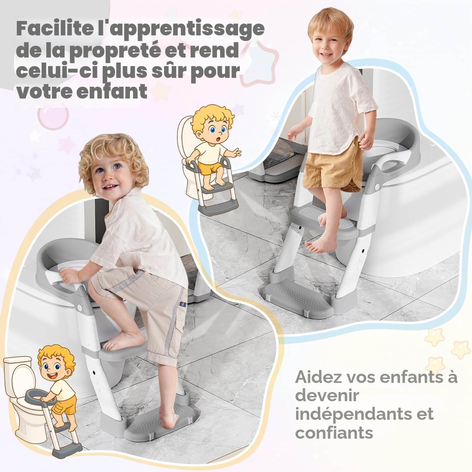Reducteur Toilette Enfant, 3 en 1 Rehausseur Toilette Enfant avec Marche Réducteurs de Toilettes Propreté Apprentissage Adaptateur Abattant WC Siège WC à Hauteur Réglable, Antidérapant, Pot Amovible