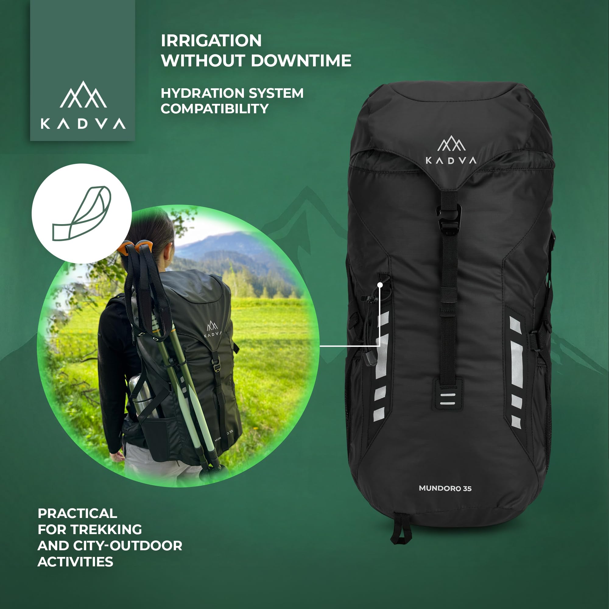 KADVA Mundoro plecak turystyczny 35 l, wentylacja pleców Windflow, pas piersiowy i biodrowy, boczne kieszenie z siatki, uchwyt na kijki trekkingowe, wodoodporny materiał