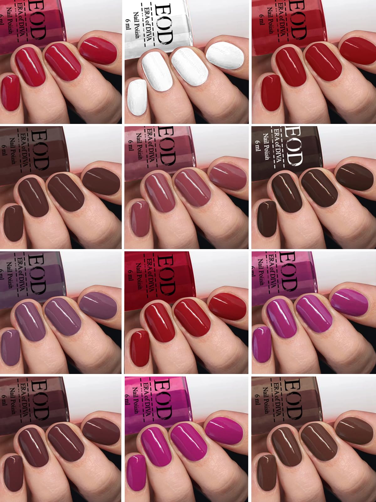 EOD 6ml each Glossy Shine Long Lasting Nail Polish Paint Set of 12 Bottles White, Red, Purple, Pink (Pack of 12)