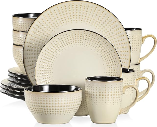 vancasso GUTO Embossed Dinner Set, Stoneware Vintage Look Beige Dinnerware Tableware, 16 Pieces Dinner Service Set for 4, Include Dinner Plate, Dessert Plate, Cereal Bowl and Mug