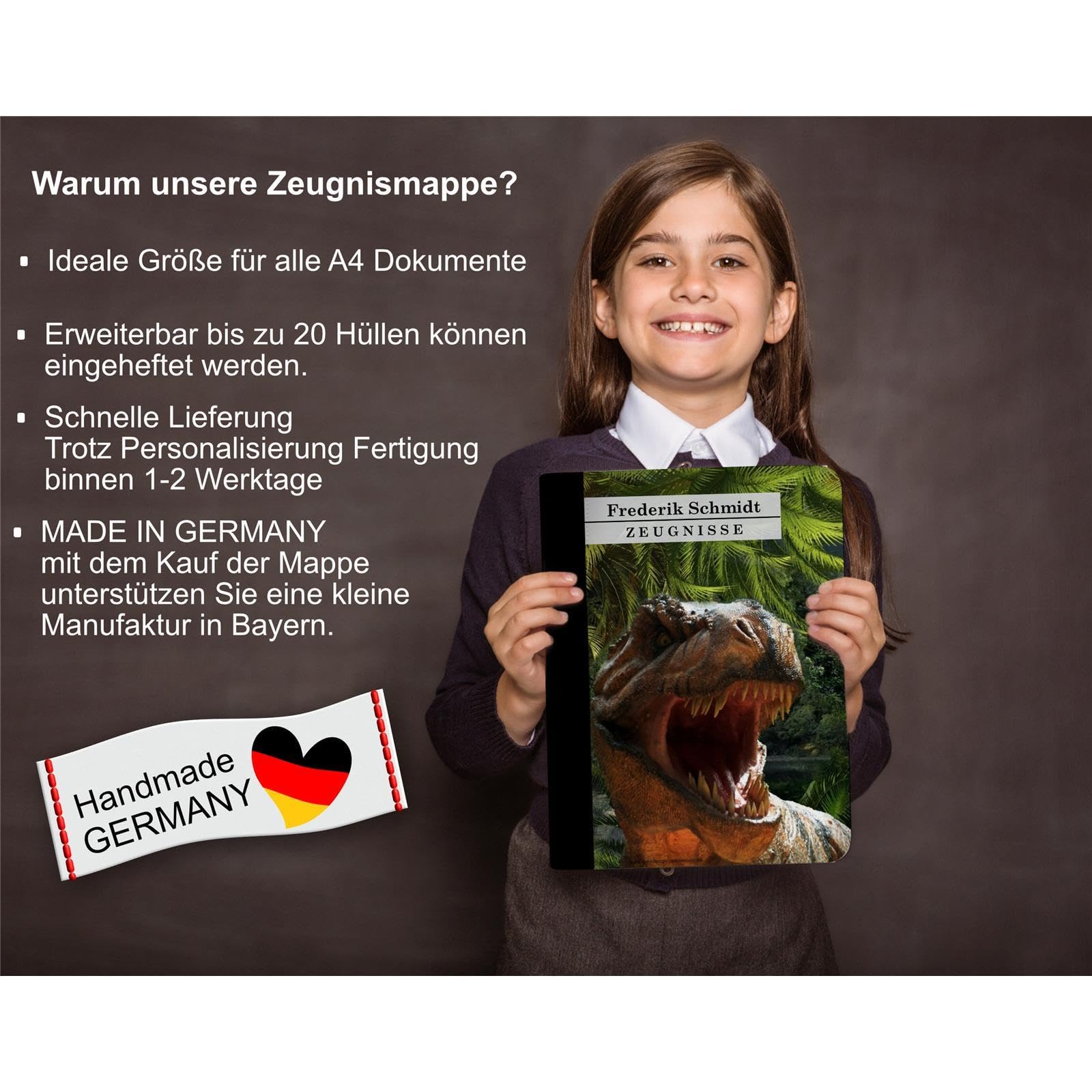 Zeugnismappe A4 mit Namen personalisiert – T-Rex – für Jungen – Dokumentenmappe Schule ohne Klarsichthüllen
