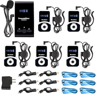 EXMAX ATG-100T 195MHZ Wireless Tour Guide System Translator Headset Device Channel 99 Social Distancing Assisted Listening System for Churches Church Translation Meet 1 Transmitter 5 Receivers