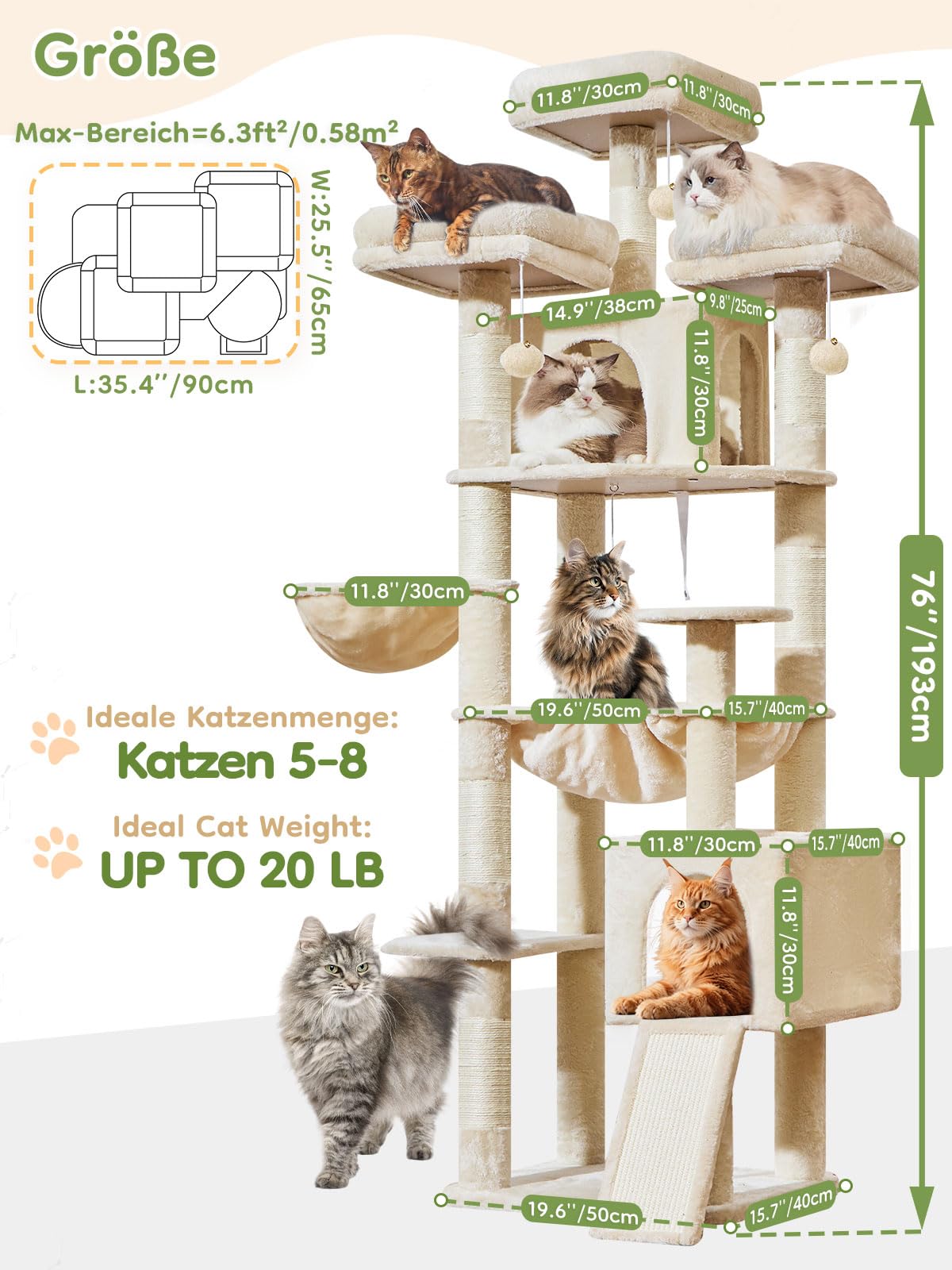 Taoqimiao 193cm Kratzbaum XXL, Großer Katzenbaum Für Große Katzen, MS047M | 3 Große Plattform, Katzenkratztafel, Mehrstöckig, Einfache Montage, 2 Katzenhaus, 7 Kratzsäulen, Hängematte, Korb, Beige