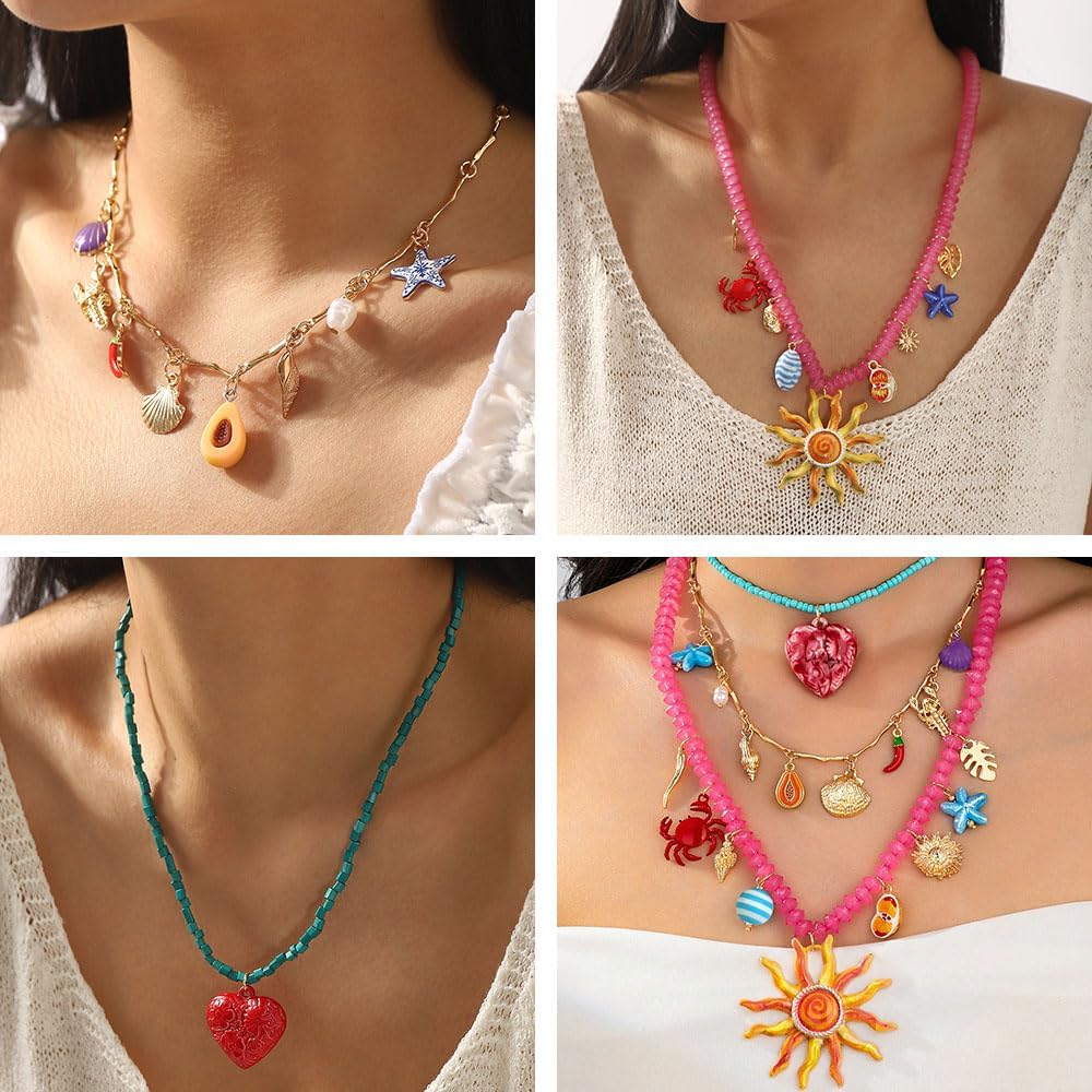 Bohemian Beaded Pendant Necklace for Women fashion Stacking Sea Life necklace Gold Adjustable Sun Flower Shell Crab Love Necklace Summer Beach Surfer Jewelry for Women - Image 2