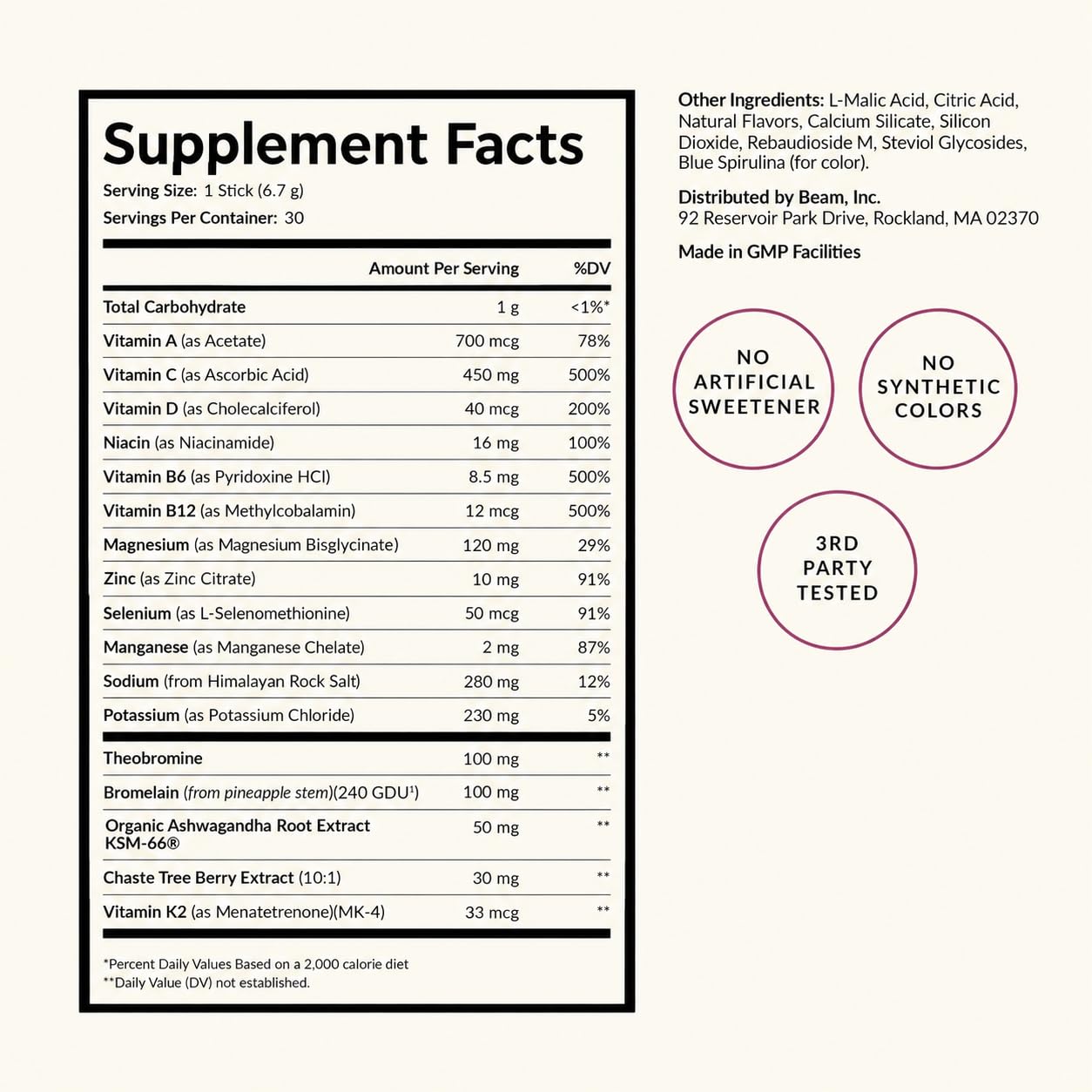BEAM Glow Daily Wellness Supplement for Women – Ashwagandha, Selenium, Zinc, Vitamin A, Biotin & B Vitamins with Electrolytes, Caffeine-Free Drink Mix, Blue Raspberry, 30 Servings — Amazon image 6