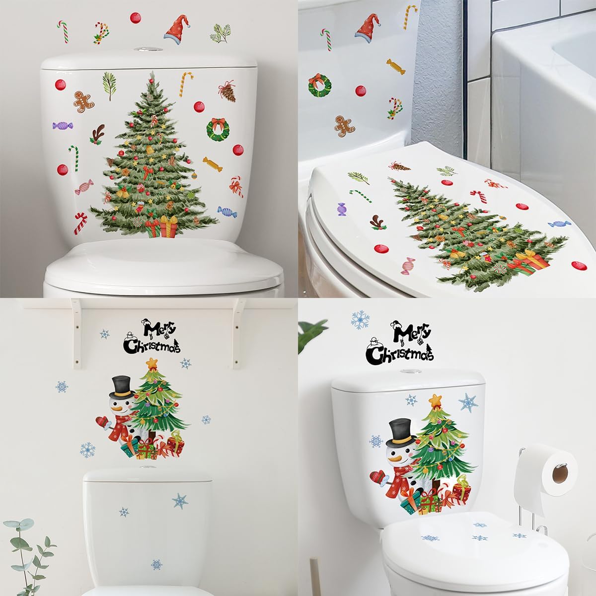 Christmas Tree Snowman Toilet Stickers Xmas Wall Toilet Lid Sticker Bathroom Decals Self-Adhesive Festival Stickers for Christmas Party Home Decoration 2 Sheets