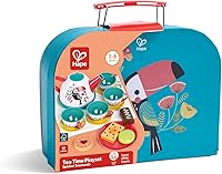 Vista 7 de Hape Juego de té para niñas y niños pequeños, juego de fiesta de té de lata de 18 piezas con funda de transporte de tucán, tetera de juguete