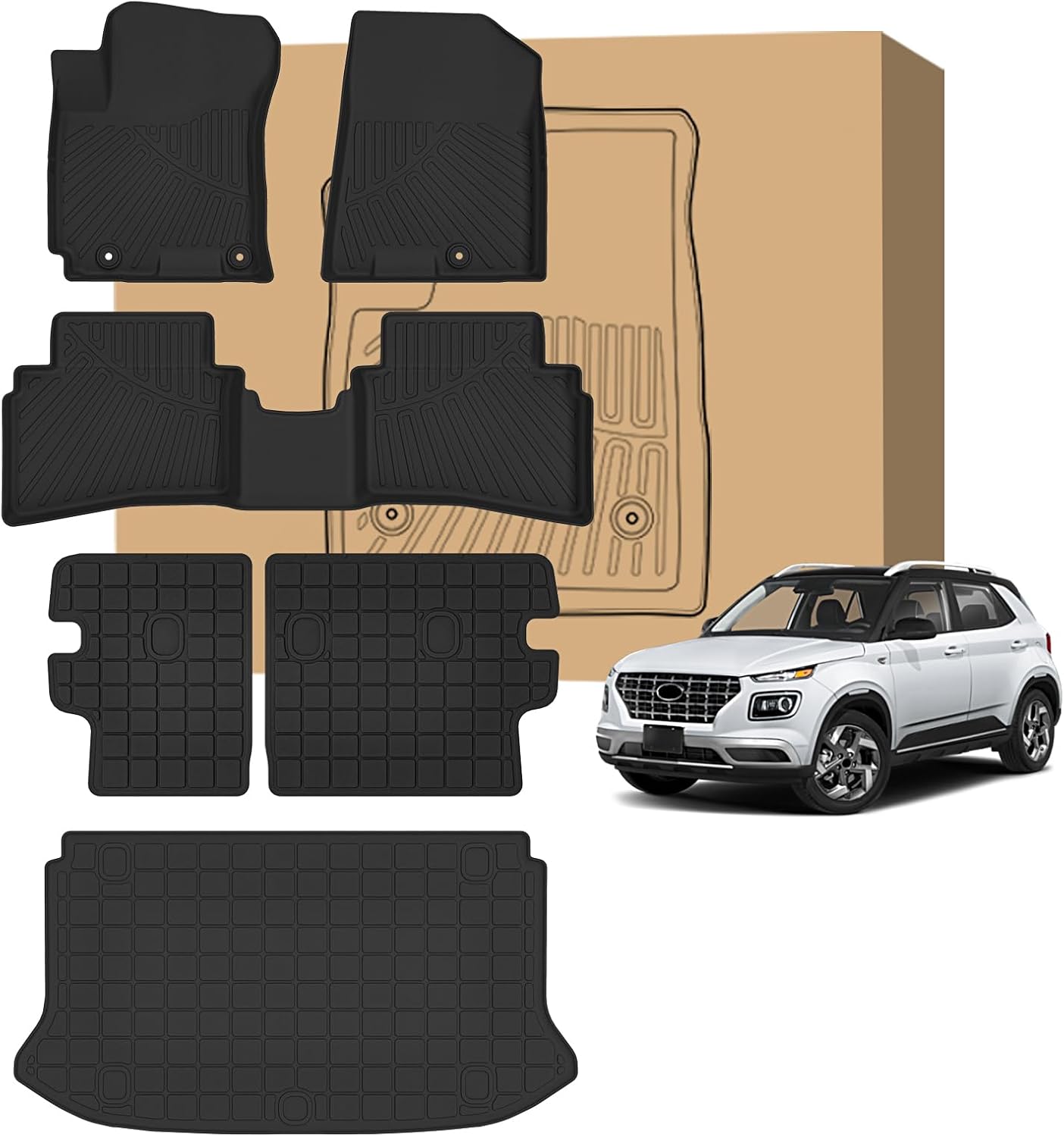 Peleus Floor Mats for Hyundai Venue 2020-2025 2026 TPE All Weather Protection 2 Rows Car Floor Liners with Cargo Liner for Hyundai Venue Accessories Trunk Mat+Floor Mats (Upper Cargo mat)