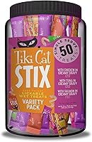 Tiki Cat Stix Mousse Treats Variety Mega Jar - 50 Single-Serve Lickable Cat Treats & Dry Food Topper, 25oz High-Protein