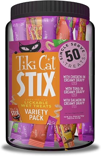 Tiki Cat Stix Mousse Golosinas, Mega tarro variado, golosina indulgente de una sola porción o adorno para alimentos secos, 50 unidades, 25 onzas