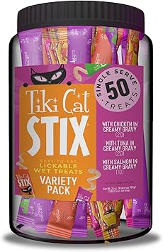 Tiki Cat Stix Mousse Treats, Variety Mega Jar, Single Serve Indulgent Lickable Treat or Dry Food Topper, 50 Count, 25 oz. 0.5 oz./Stick