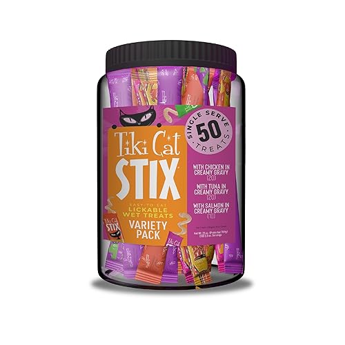 Tiki Pets Stix Single-Serve Wet Cat Treats, Variety Mega Jar, 50 Count, 25 oz. Jar (0.5 oz./Stick)L8