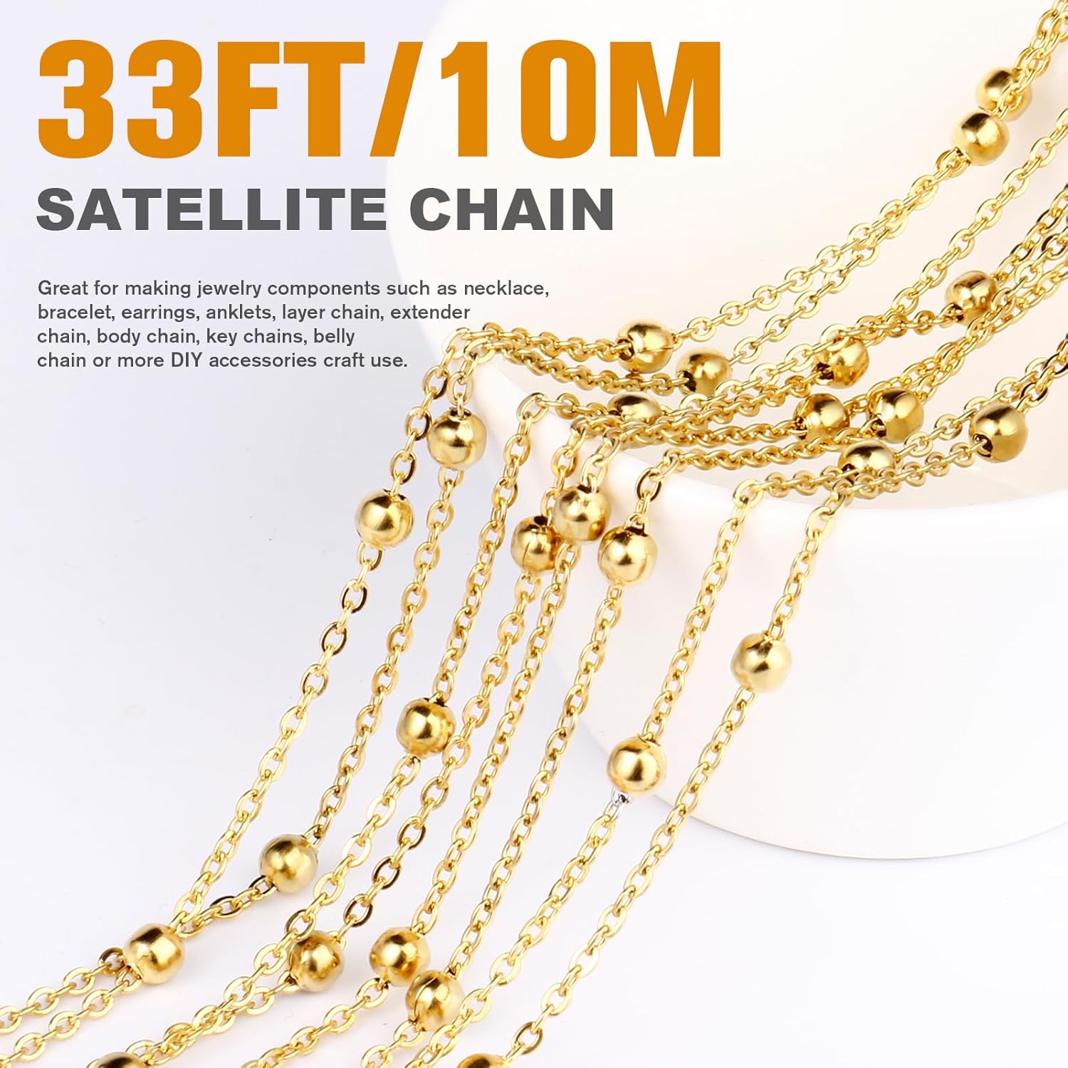 33 Feet Gold Satellite Bead Chains Roll, 2mm 18K Gold PVD Plated 304 Stainless Steel Ball Beaded Cable Link Chains Spool Bulk for Jewelry Making DIY Craft