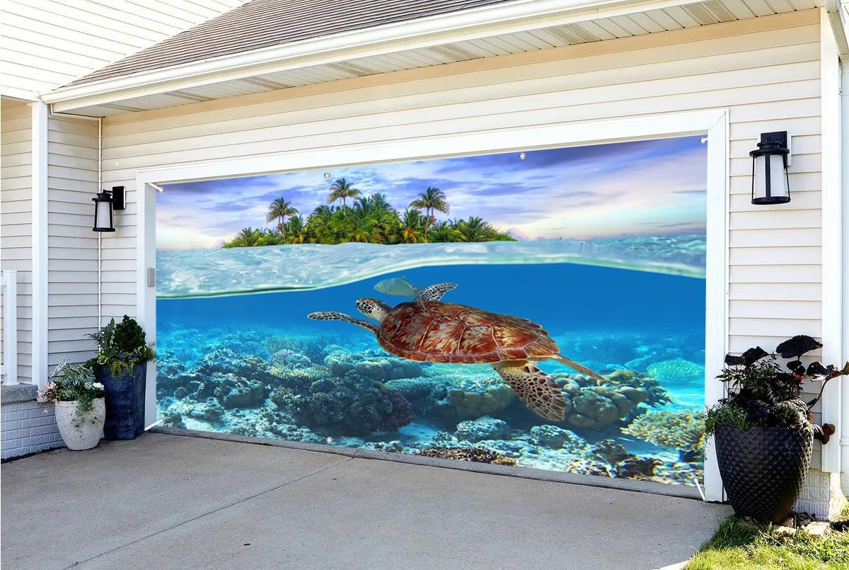 6x13ft Underwater Garage Door Decor Summer Wave Spirit Hawaii Ocean Fantasy Undersea Turtle Palm Tree Island Landscape Garage Decoration Seaside Vacation Themed Background Props
