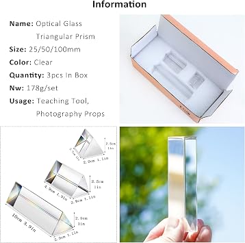 3pc Equilateral CrystalPrisms Set -1,2 & 4 Lengths Crystal Triangular Prism Optical Prisms Glass Physics Teaching Refracted Light Spectrum Rainbow Maker Photography Props