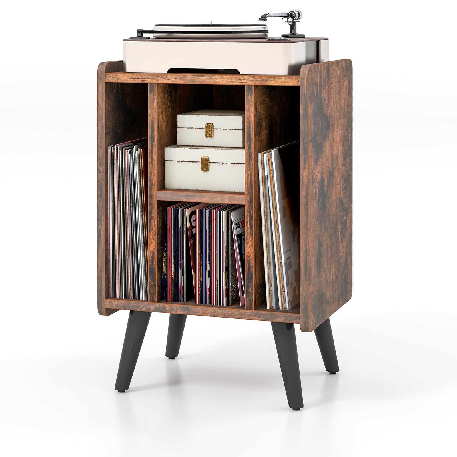 KOMFOTTEU Supporto per Giradischi in Vinile con Stazione di Ricarica, 4 Scomparti Aperti, Mobile Giradischi Potato 90kg, Espositore per Dischi per Ufficio, Soggiorno, 43 x 34,5 x 67,5 cm (Marrone)