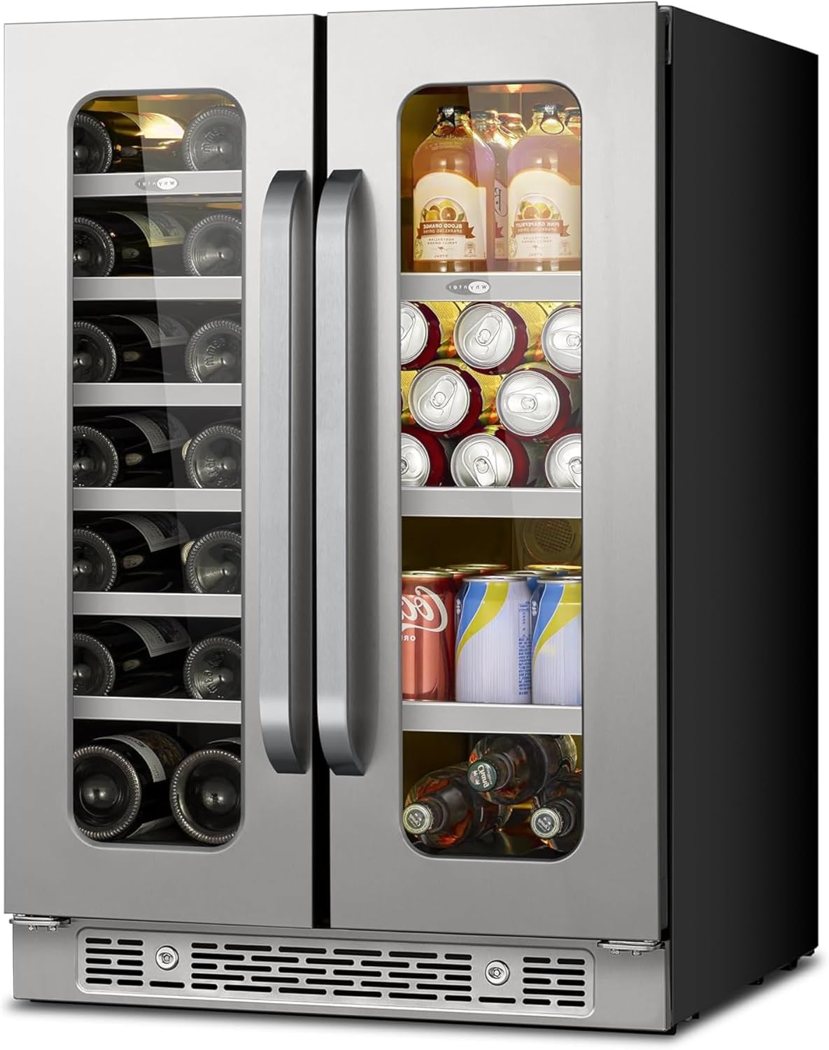 24 Inch Wine and Beverage Refrigerator 20 Bottles & 60 Cans Wine Fridge Dual Zone 36-72 ℉, 3 LED Beverage Cooler Built-in or Freestanding with Glass Door for Home Bar Office(4.10 cu.ft)