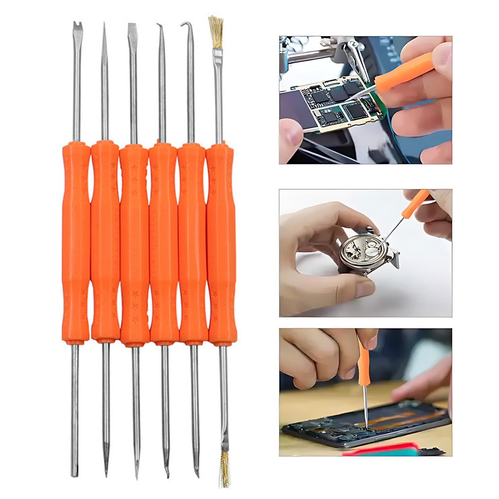 Welding Auxiliary Tools 6Packs Metal Solder Aid Kits Circuit Board Precise Welding Tool Set Brush Scraper Fork Hook Awl(Orange) - Image 4