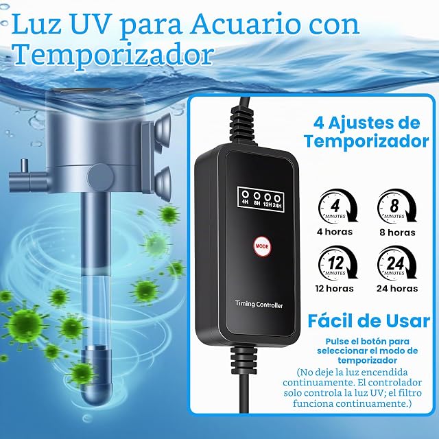 Foto 5 de 7 de Filtro interior para acuario, filtro 5en1 con esterilizador UV&temporizador