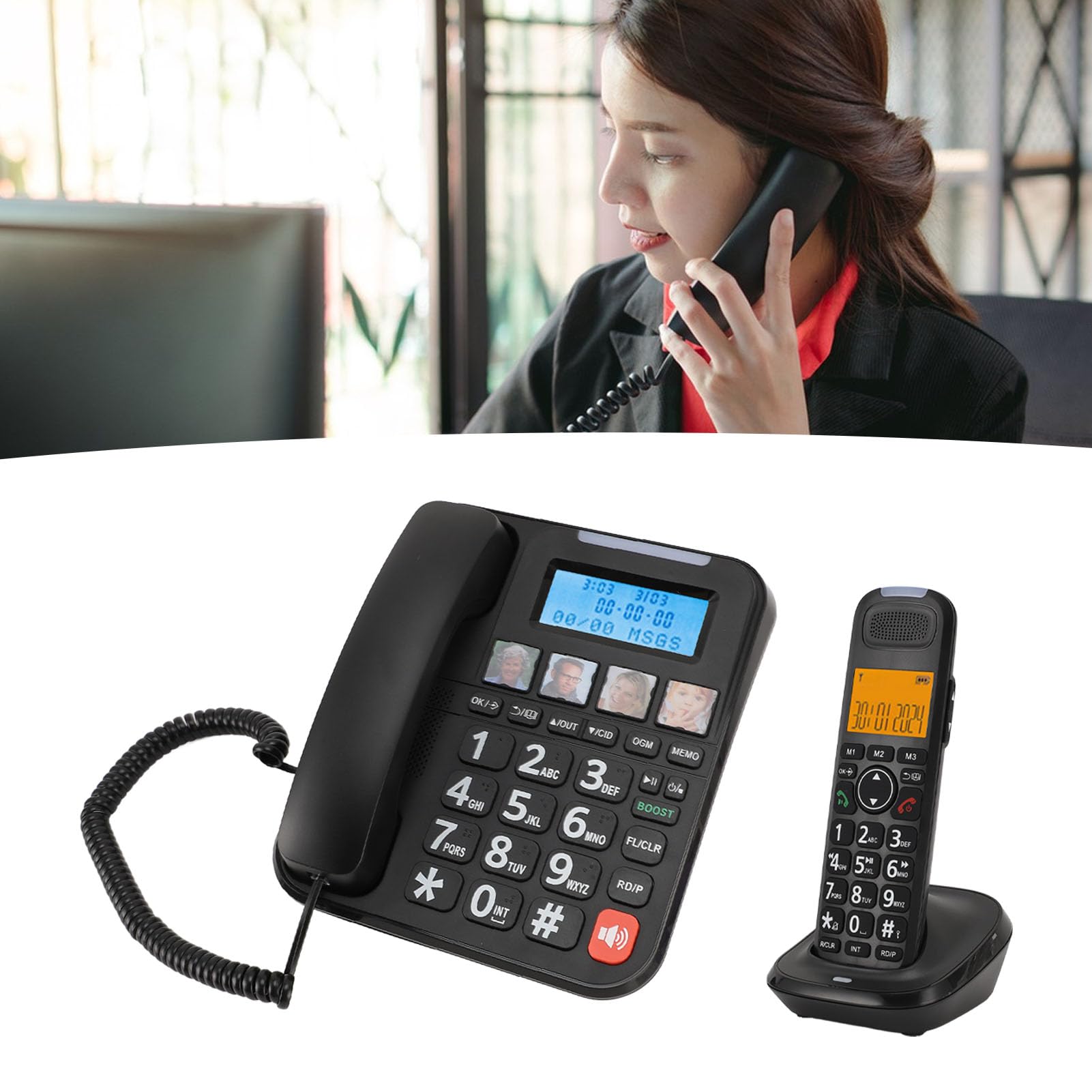 Schnurgebundenes, Schnurloses Seniorentelefon, Anrufbeantworter, Anrufsperre, Fotowahl, Lauter Klingelton, Freisprechanruf, 3-Wege-Anruf, Sprachführung, Großer Bildschirm,