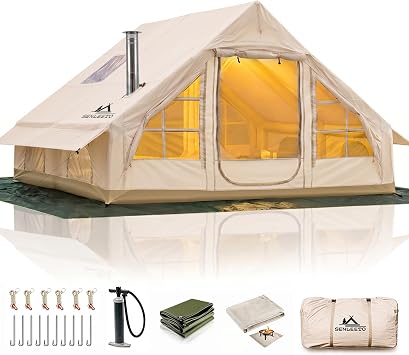 Large Inflatable Tents for Camping Adut 4/6/8/10 Person, 4 Season Blow Up Tent with Tarp Waterproof & Sunproof, Luxury Inflatable House with Stove Jack