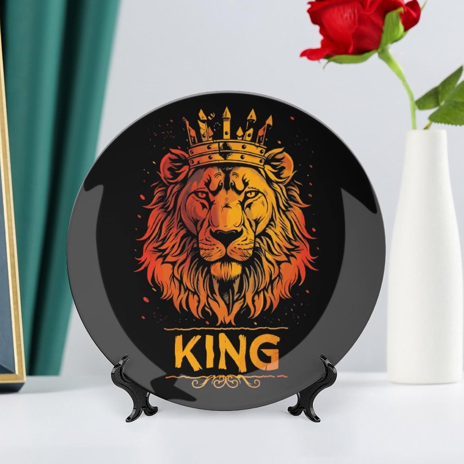 The King of Lion Personalized Bone China Decorative Plate Ceramic Decor Plates with Display Stand for Home Office Wall