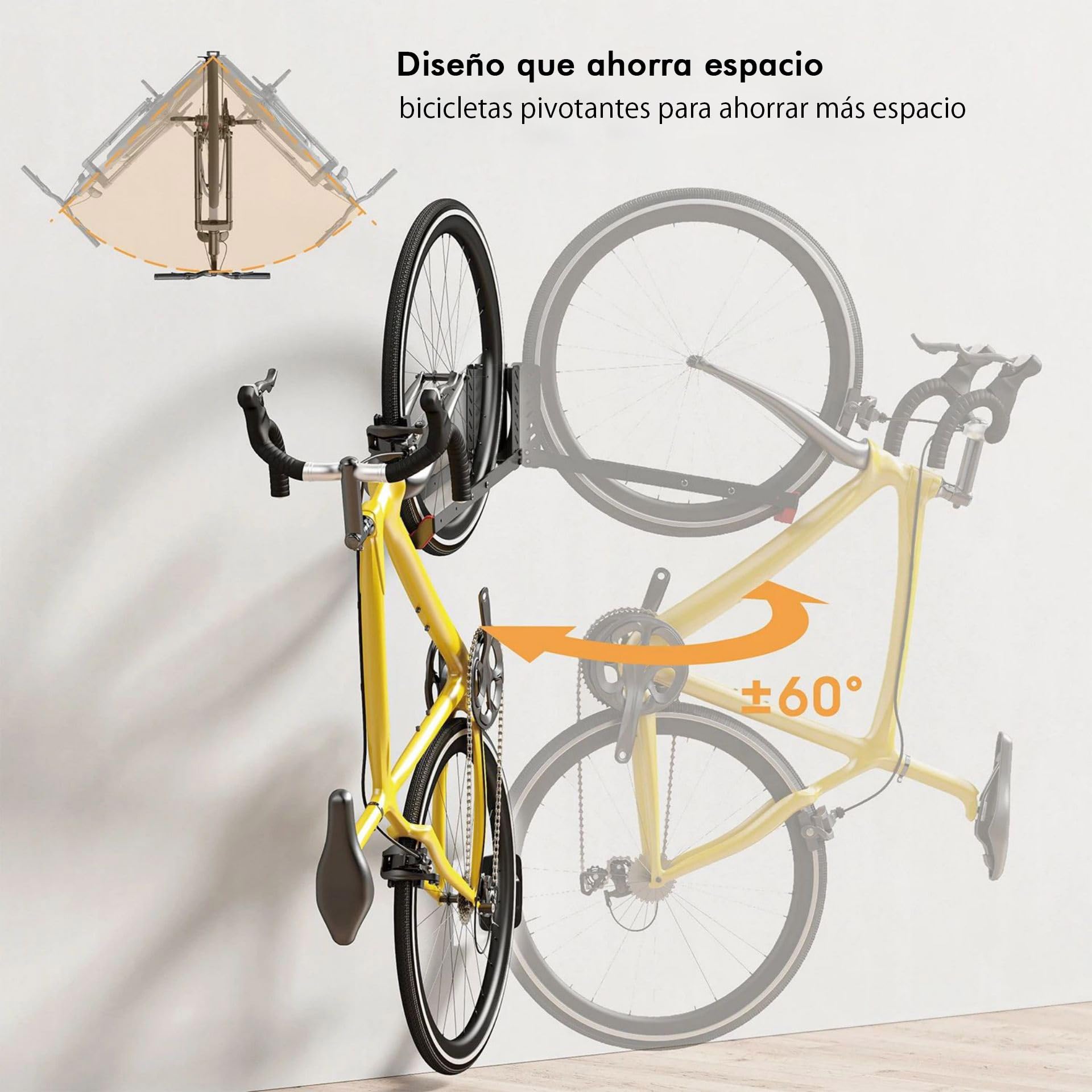 Mimoke Soporte de pared ajustable para bicicleta que ahorra espacio, diseño de elevación fácil con brazo plegable y función giratoria (1 unidad)