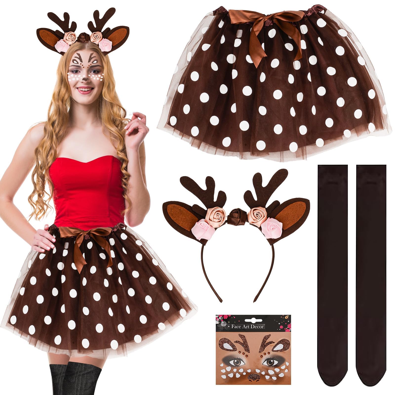 LEEWENYAN Women's Antlers Costume Carnival Women's Costume Reindeer Face Tattoos Reindeer Antlers Headband for Carnival Cosplay Theme Party