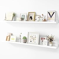 Acovy 48 Inch White Picture Ledge Shelves, Set of 2 Wood Floating Wall Shelves for Nursery, Bedroom, Living Room - Photo Book Display