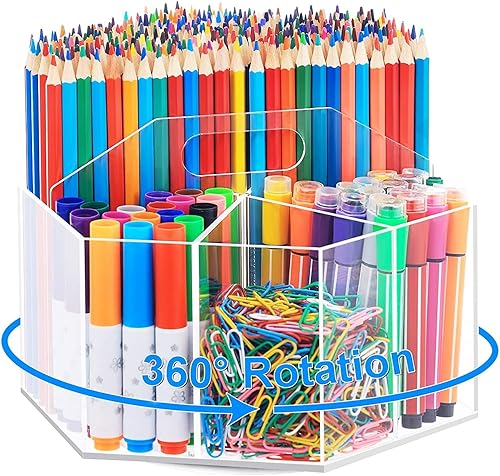 Miniatura 3 de OIF Organizador de lápices de acrílico, soporte giratorio de 360 grados con 6 compartimentos, organizador de lápices para niños, organizador de