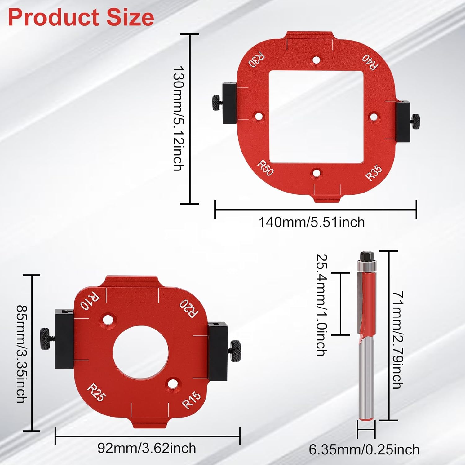 2Pcs Router Corner Radius Template Router Radius Jig 8 in 1 Aluminum Alloy Router Templates for Woodworking Router Corner Jigs and Templates R10/R15/R20/R25/ R30/R35/R40/R50 Use with Router Table