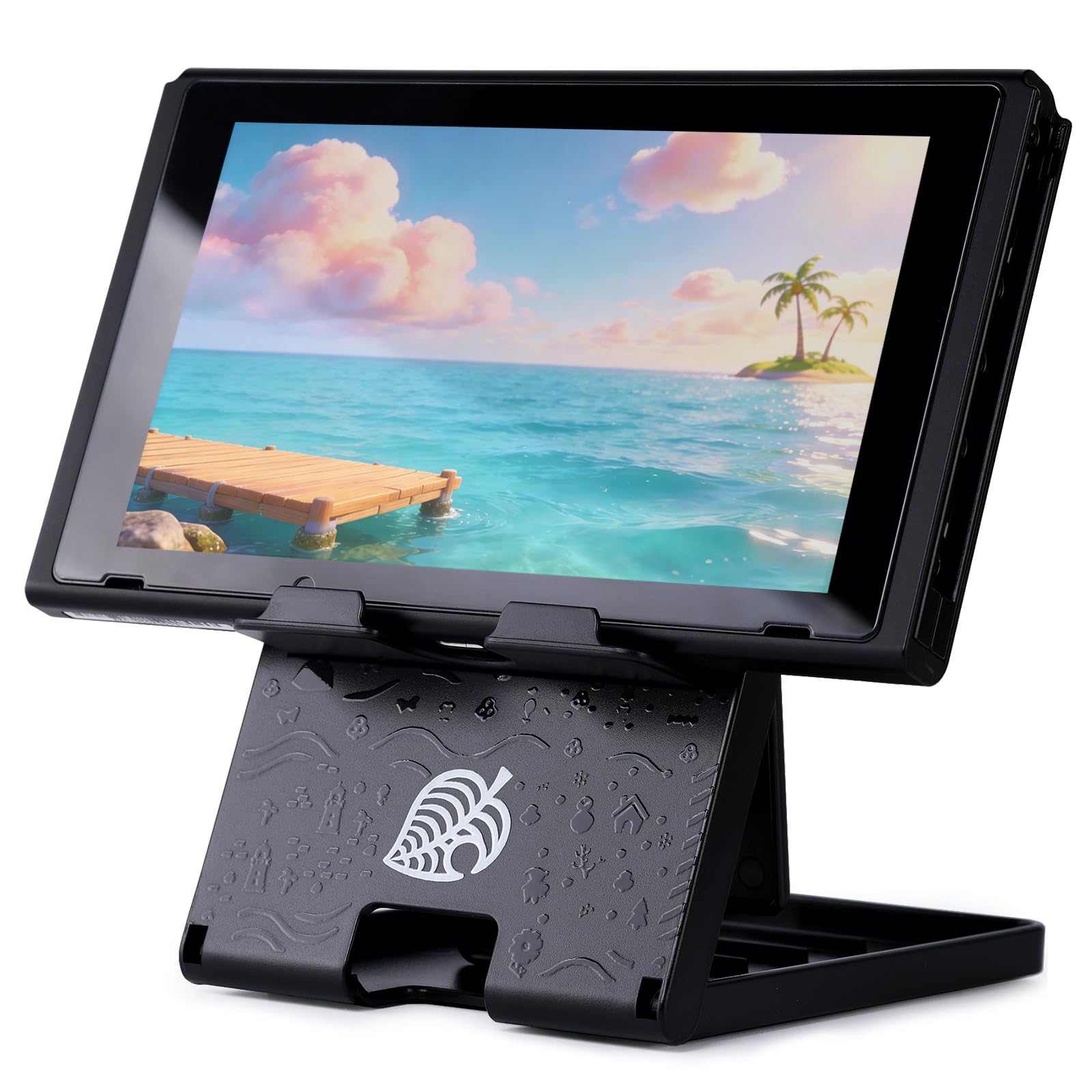 Tscope Foldable Switch Stand for Nintendo Switch/Switch 2/Lite/OLED, Adjustable Compact Portable Holder, Cute Leaf Design Gaming Stand Accessories (Black)