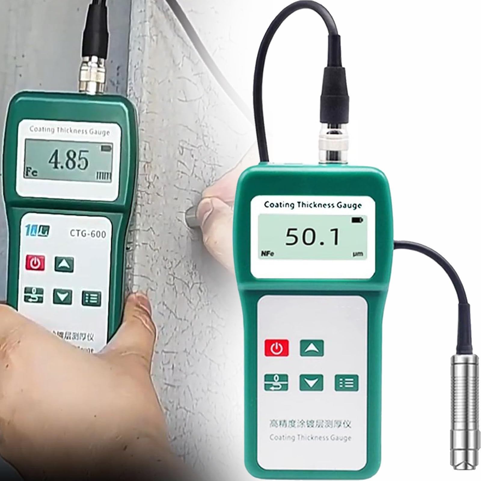 Tester grubości lakieru, miernik grubości powłoki z sondą Fe/NFe, wyświetlacz LCD, mierzy 0-1500um, pojedynczy / ciągły pomiar żelaza i aluminium