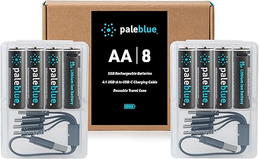 paleblue USB Rechargeable AA Batteries (8-Pack) - 2550mWh Lithium Ion, 1.5V, 1000+ Charge Cycles, Includes (2) 4-in-1 USB-A to USB-C Charging Cables, LED Charge Indicator, Quick 1.9 Hour Charging