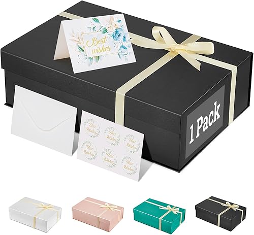 MESHA 1 caja negra de 13.5 x 9 x 4 pulgadas con cintas para padrinos de boda, propuesta de cumpleaños, Navidad, cajas de regalo negras con tapas