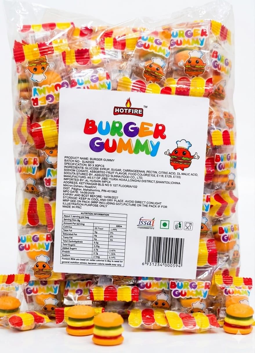Hotfire Burger Gummy Candy, Assorted Fruit Flavour, 60Pieces per Pack 480g By Decadent Foods-image-21