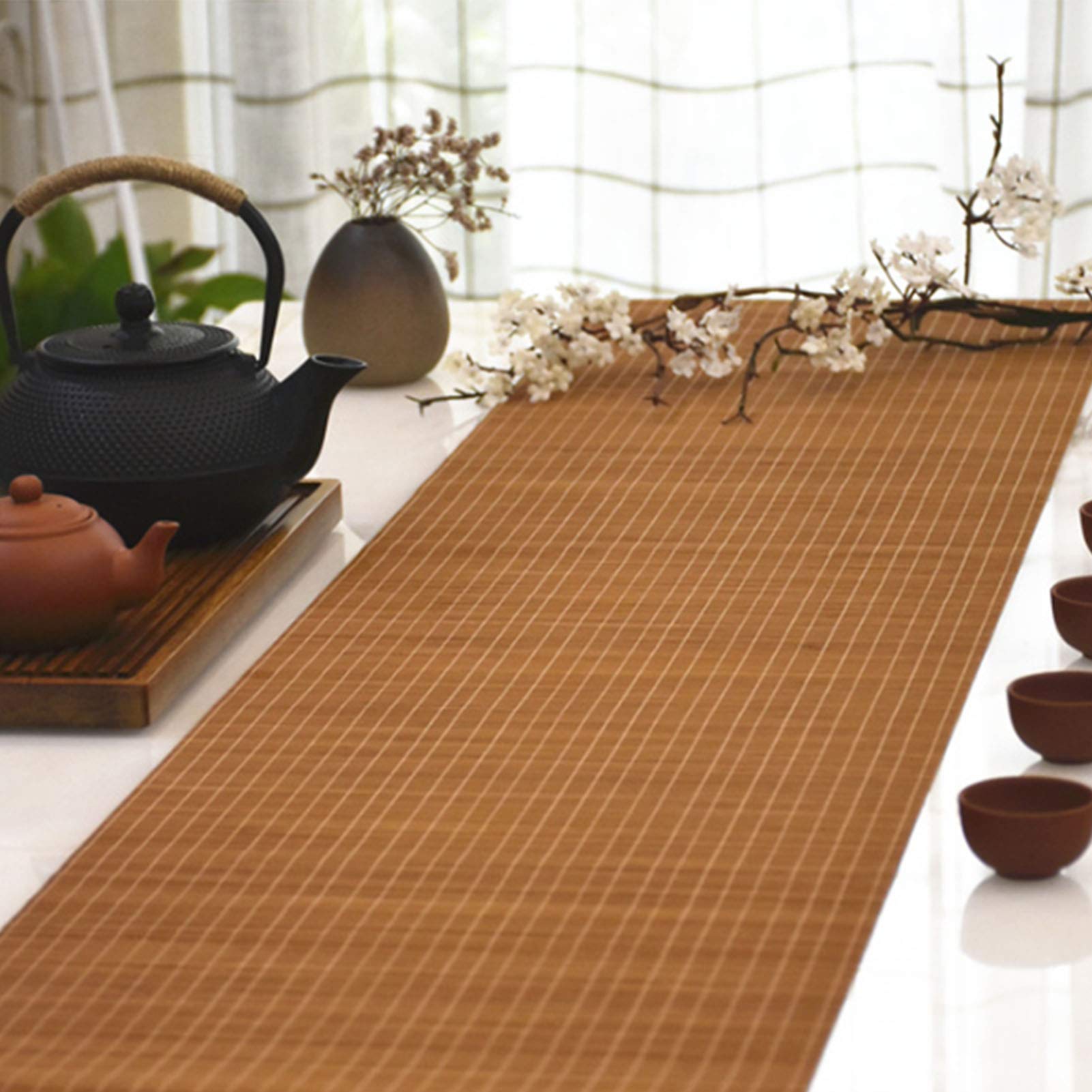 Chemin de Table en Bambou, Bambou Naturel avec Bordure en Tissu, napperon antidérapant, napperons de décoration de Table d'hôtel de fête, Rideau en Bambou ombragé(30x60cm)