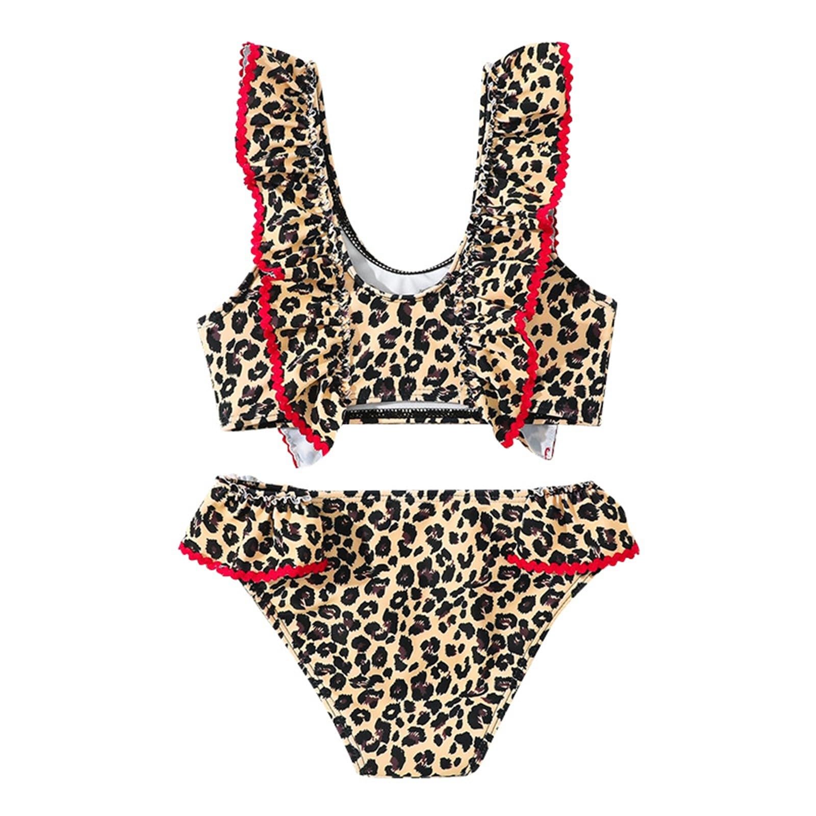 Generic Traje de baño para niña con estampado de leopardo con volantes, bikini dividido, para niñas, 9 años