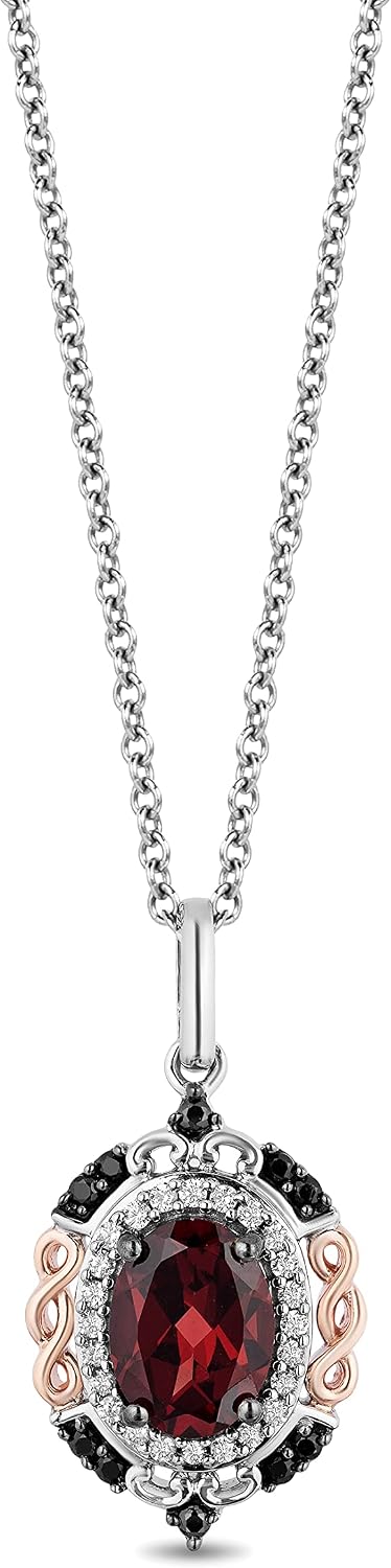Jewelili Enchanted Disney Fine Jewelry Sterling Silver and 10K Rose Gold 8x6 MM Oval Shape Red Garnet with 1/5 Cttw Black and White Natural Round Diamonds Evil Queen Pendant Necklace 18" Cable Chain