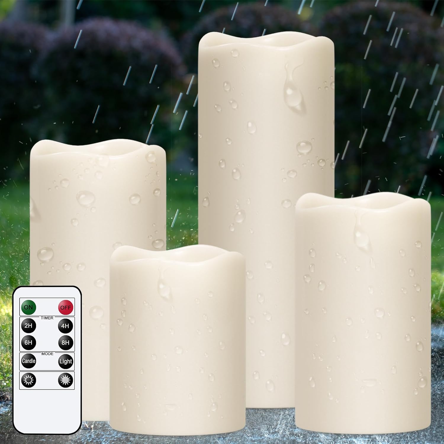 Outdoor Indoor Waterproof Flameless Candles Flickering with Remote Timer, White LED Pillar Candles Battery Operated Pack of 4, Long Lasting Electric Candles Lanterns Φ 3" H 4” 5” 6” 8”