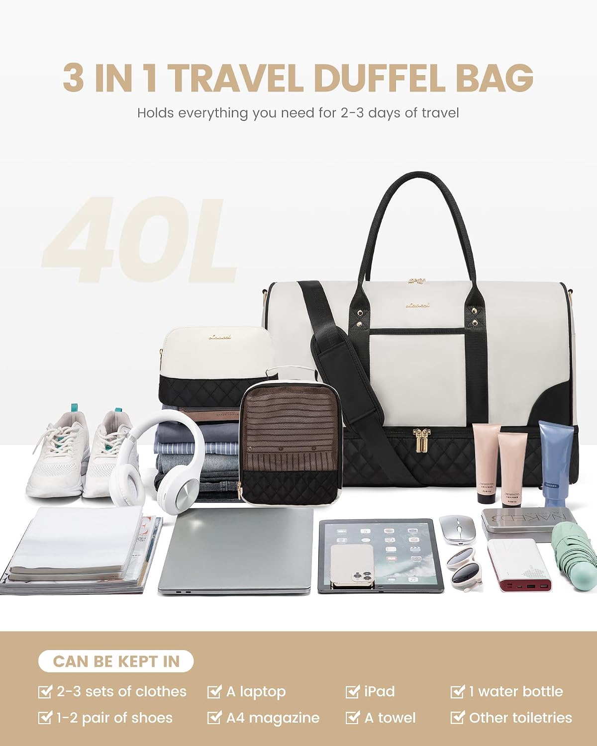 LOVEVOOK Travel Bag,Weekender Bag for Women Travel Duffle Bag with Shoe Compartment,Carry on Overnight Bag with Wet Pocket,Gym Yoga Duffel Bag,Hospital Bags for Labor and Delivery,3 Pcs Set