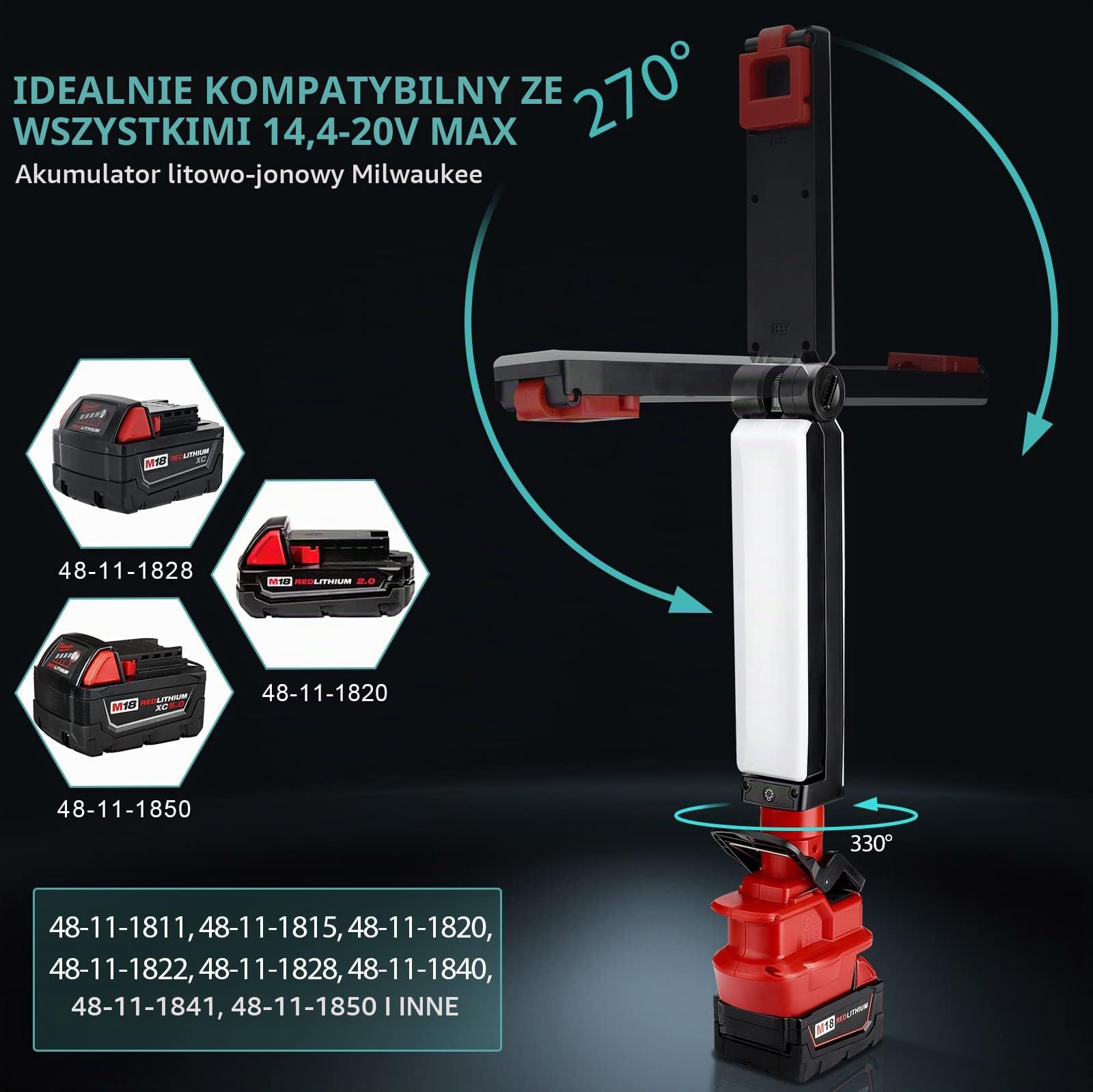 Taingwei Lampa LED Clip On 30 W, 2400 lm, do akumulatora Milwaukee M18 18 V, reflektor do naprawy samochodu, na kemping, oświetlenie awaryjne i budowlane