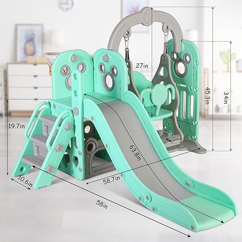 Miniatura 8 de MAMIZO Juego de tobogán y columpio 7 en 1 para niños pequeños, juego independiente de escalador de tobogán para niños con aro de baloncesto, patio