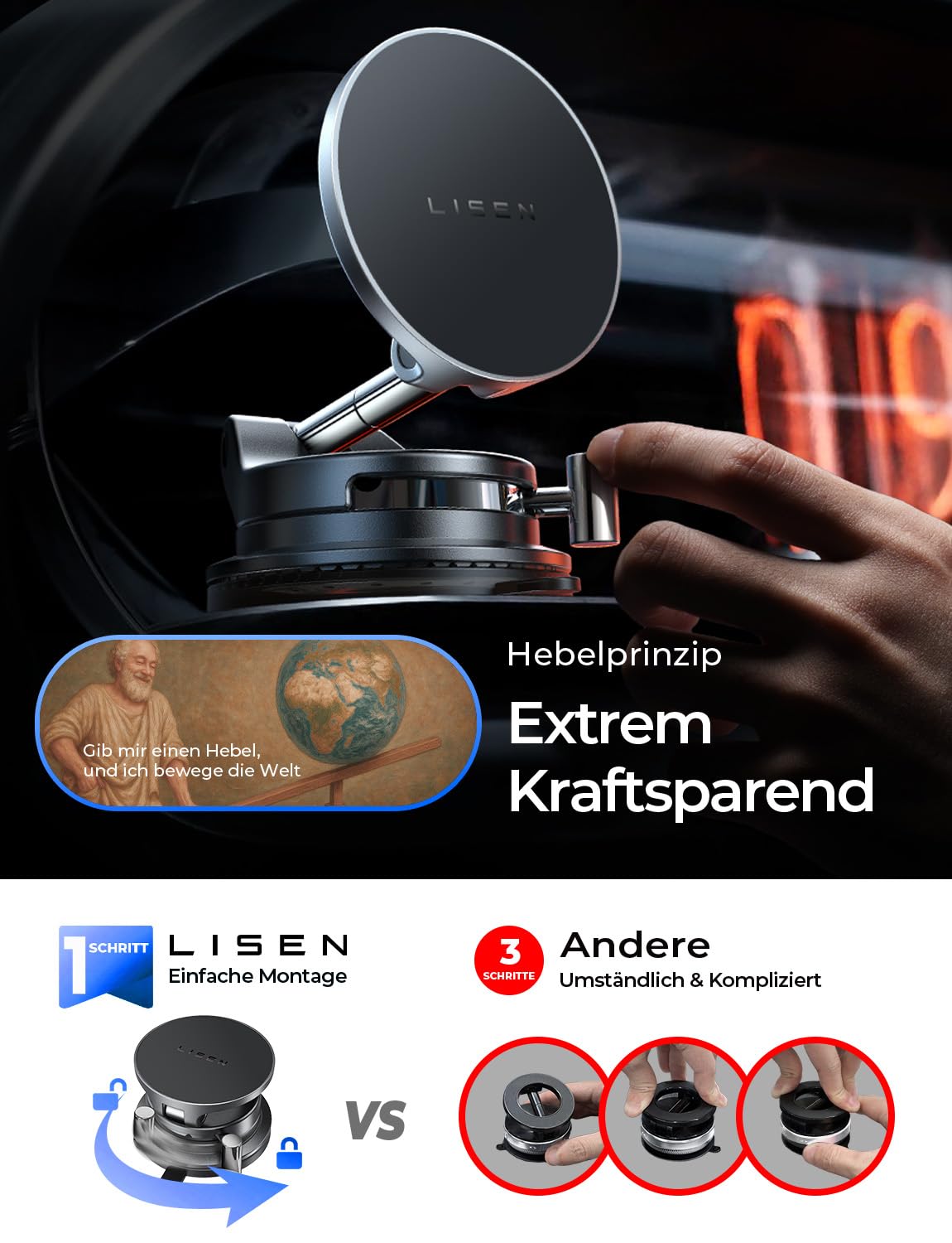 LISEN Handyhalterung Auto mit Ladefunktion - [Qi2.2 & 25W] für Magsafe Autohalterung mit Vakumm Saugnapf Snapmount Handy Halterung Auto Magsafe für iPhone 17 Pro Max Air 16-12 Series, Galaxy S25 Ultra