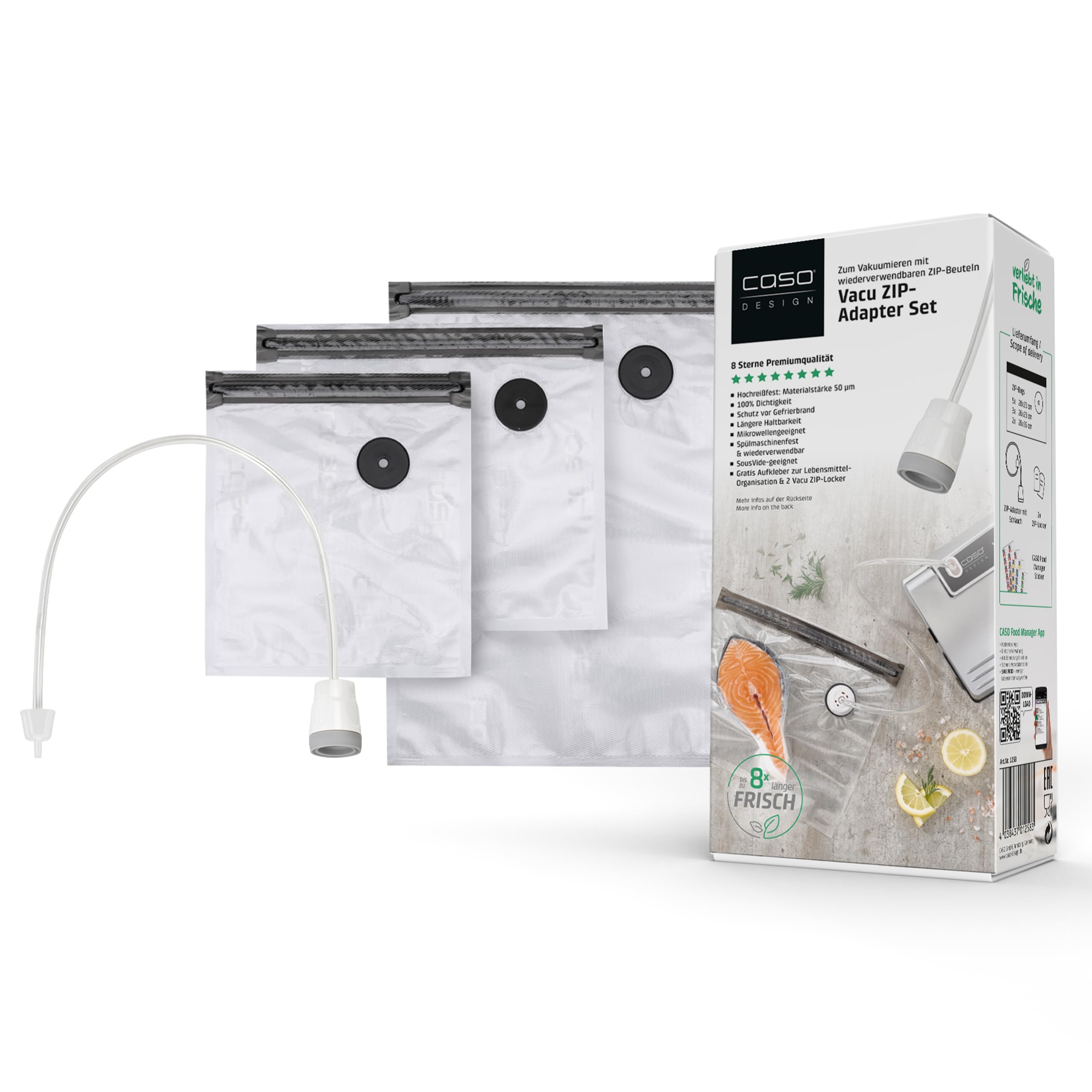 CASO ZIP-Bags & Vacu ZIP-Adapter Set – Wiederverwendbare Vakuumbeutel 150 µm – reißfest, mikrowellen- & spülmaschinengeeignet – Sous Vide geeignet bis 100 °C – bis zu 8x länger frisch