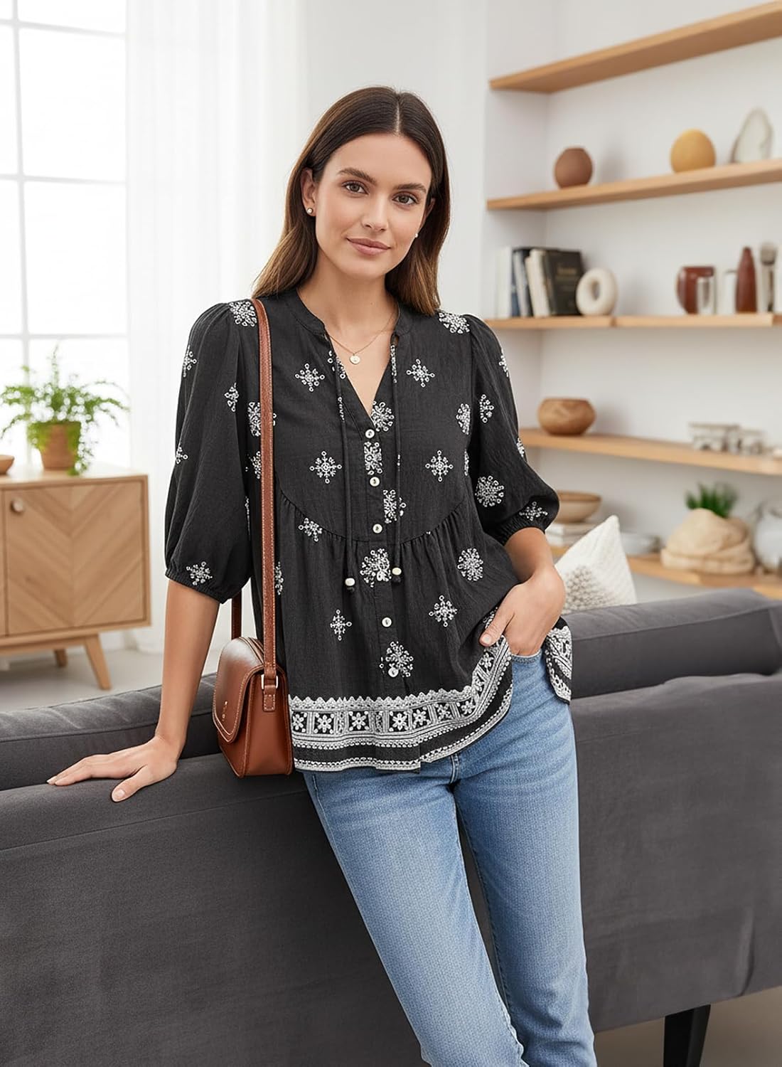 Dokotoo Womens Summer Tops Boho Floral Short Sleeve Button Down V Neck Peplum Babydoll Casual Loose Blouses Shirts - Image 6