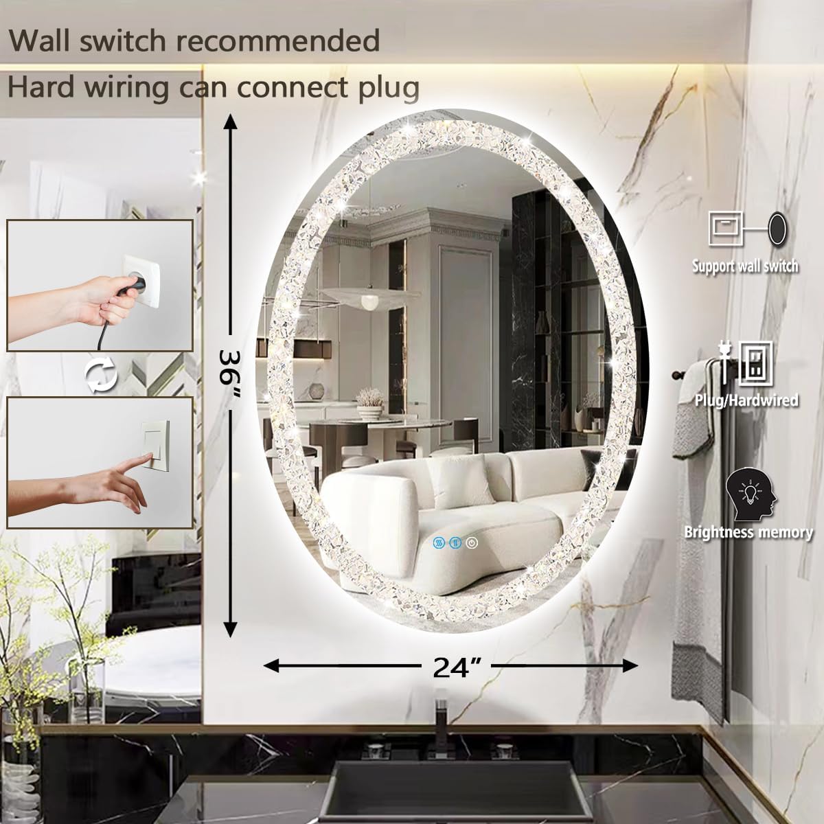 THEKLA 24 x 36 inch Crystal Oval Lighted Vanity Mirror with Lights 3 Color Adjustable Brightness Anti-Fog Diamond Crystal Oval LED Mirror for Bathroom Wall 36" Crystals Ovals Smart Light up Mirrors